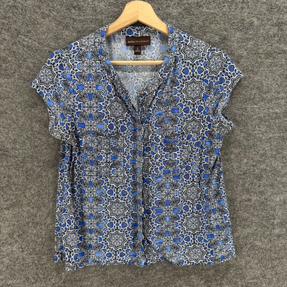 Dana Buchman Shirt Women S Small Blue Geometric Button Up V-Neck Short Sleeve - Picture 1 of 7
